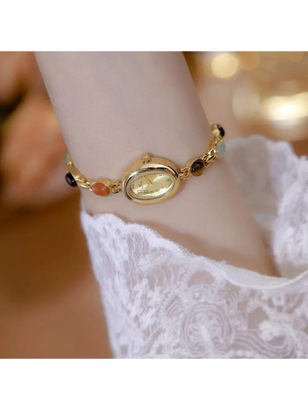 Women's Gold Silver Analog Quartz Waterproof Oval Dainty Vintage Bracelet Watch